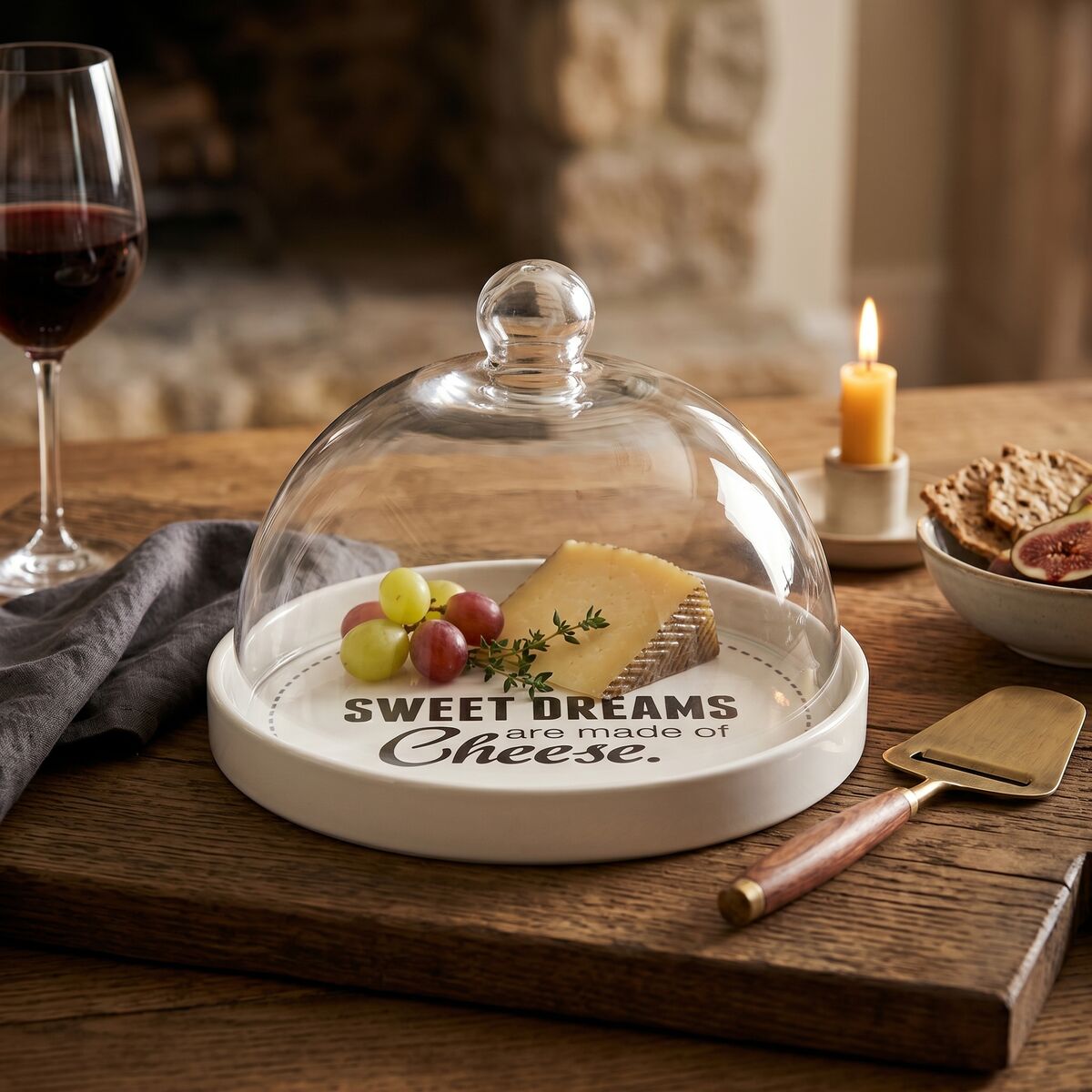 Orsina Cheese Board with Glass Dome and Sweet Dreams Print for Serving Cheese and Snacks