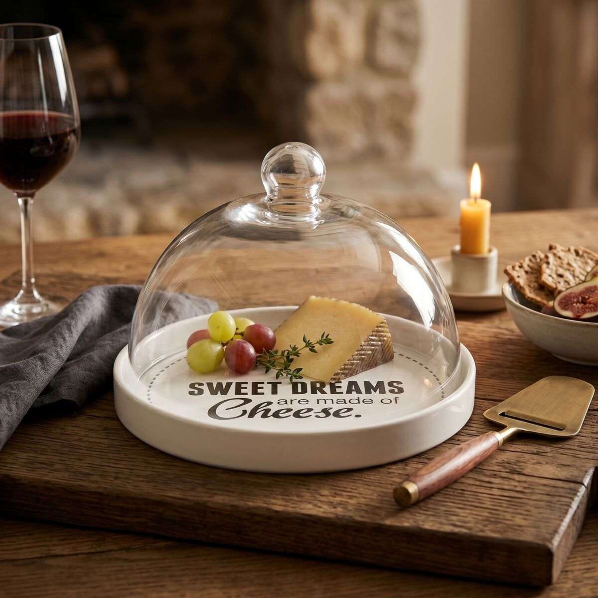 Orsina Cheese Board with Glass Dome and Sweet Dreams Print for Serving Cheese and Snacks