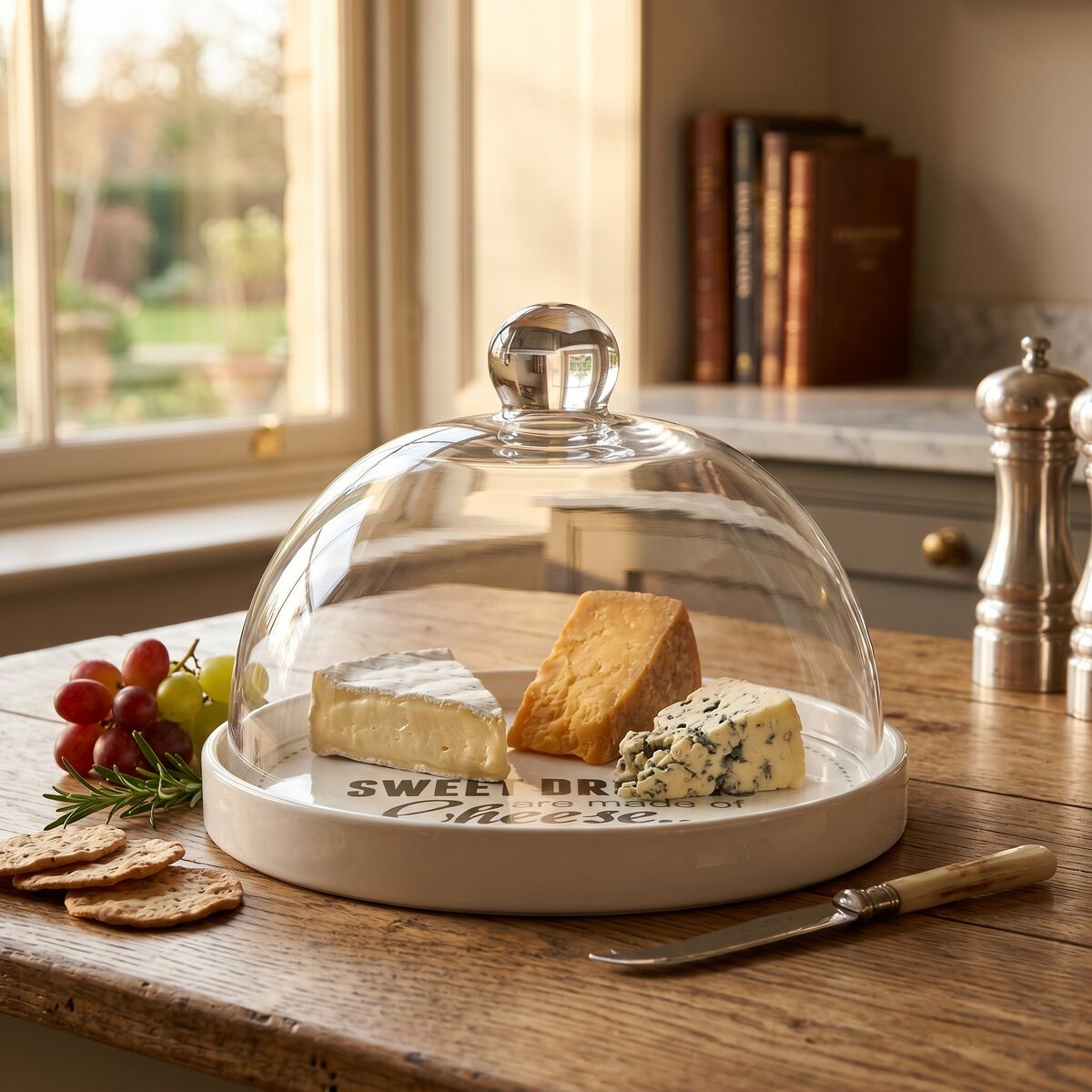 Orsina Cheese Board with Glass Dome and Assorted Cheeses on a Wooden Table