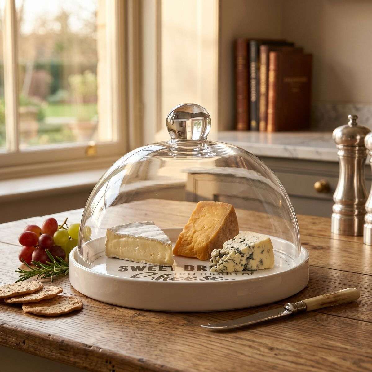 Orsina Cheese Board with Glass Dome and Assorted Cheeses on a Wooden Table