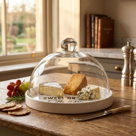 Orsina Cheese Board with Glass Dome and Assorted Cheeses on a Wooden Table