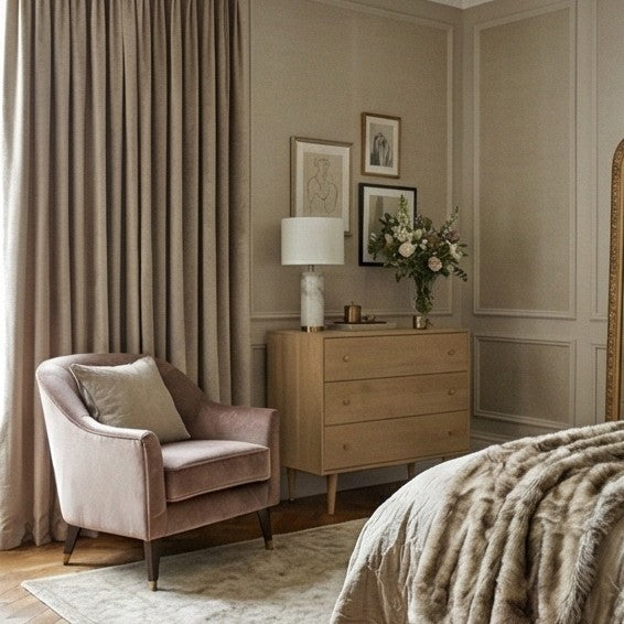 Stylish chest of drawers by Fishe and Lilly in a modern bedroom with elegant decor