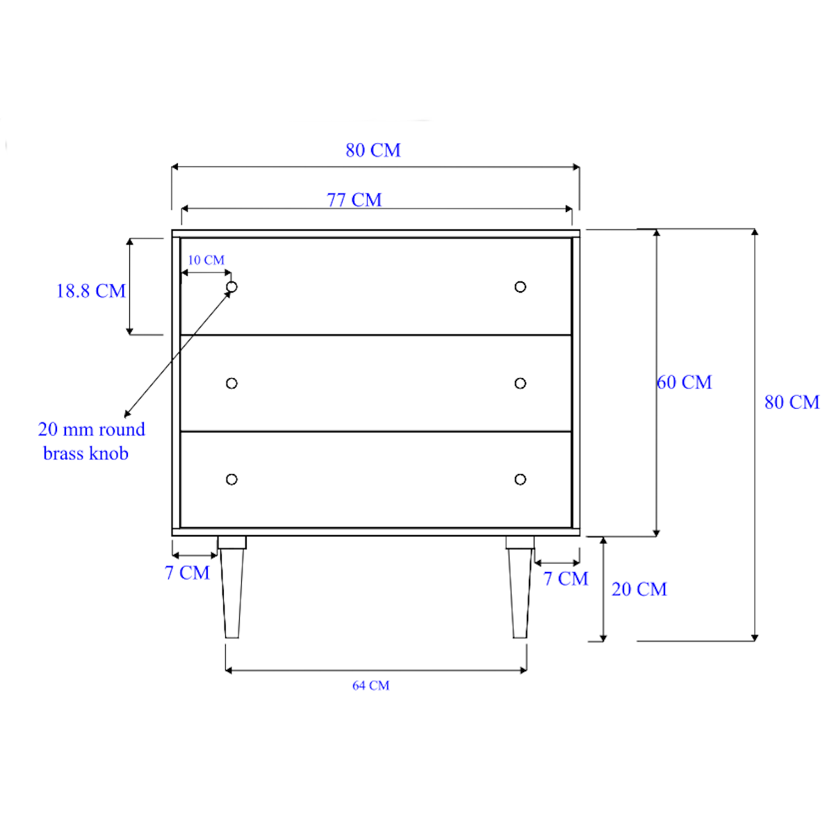 Fishe and Lilly Chest of Drawers with three spacious drawers and brass knobs for stylish storage
