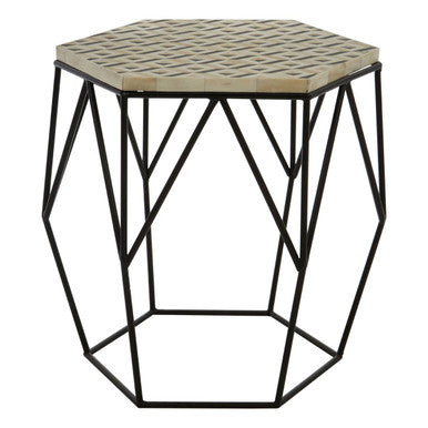 Orsina Hexagonal Side Table with Geometric Black Metal Base and Decorative Stone Top