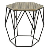 Orsina Hexagonal Side Table with Geometric Black Metal Base and Decorative Stone Top