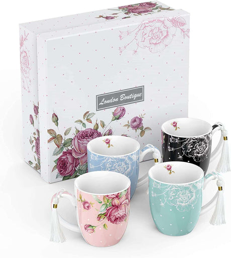 Decorative China Mugs Set in Assorted Colours with Floral Designs and Elegant Tassels