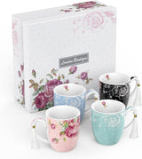 Decorative China Mugs Set in Assorted Colours with Floral Designs and Elegant Tassels
