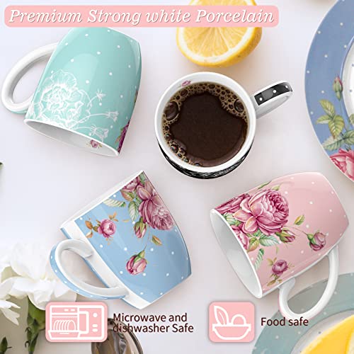 China Mugs Set with floral designs, strong white porcelain, microwave and dishwasher safe