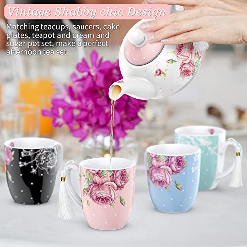 Vintage Shabby Chic China Mugs Set with Floral Design for Afternoon Tea, Includes Matching Teapot and Cake Plates