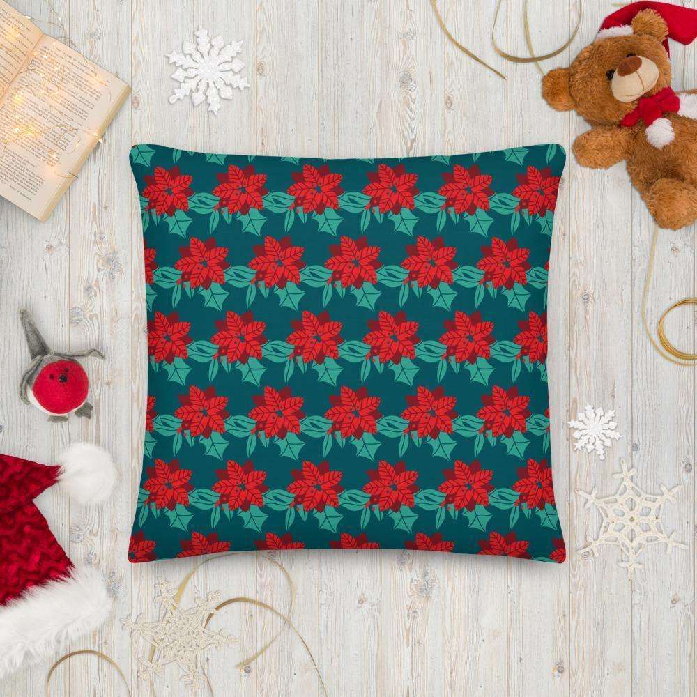 Christmas Couch Cushion / Pillow - Holly Design on Blue Background 22″×22″ Shades 4 Seasons