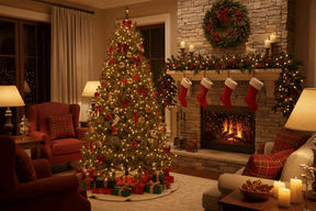 Widdop Christmas Tree beautifully decorated with lights and ornaments in a cosy living room setting