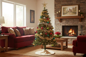 Decorative Christmas Tree with Colourful Ornaments and Twinkling Lights in a Festive Living Room