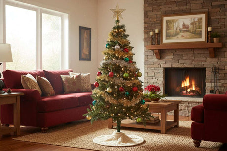 Decorative Christmas Tree with Colourful Ornaments and Twinkling Lights in a Festive Living Room