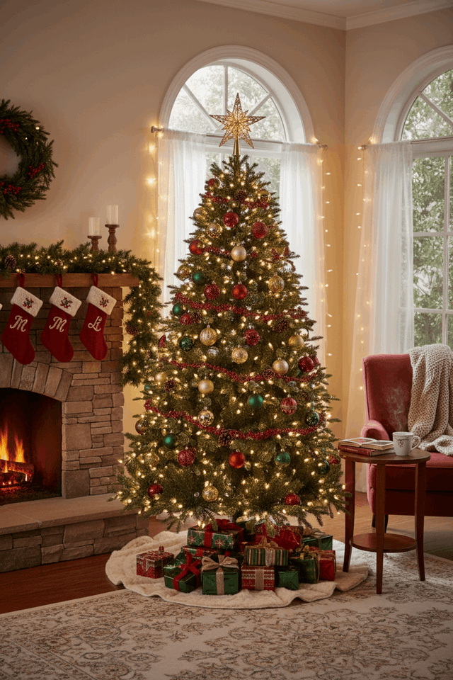 Widdop Christmas Tree decorated with gold and red ornaments, surrounded by presents and warm festive lights