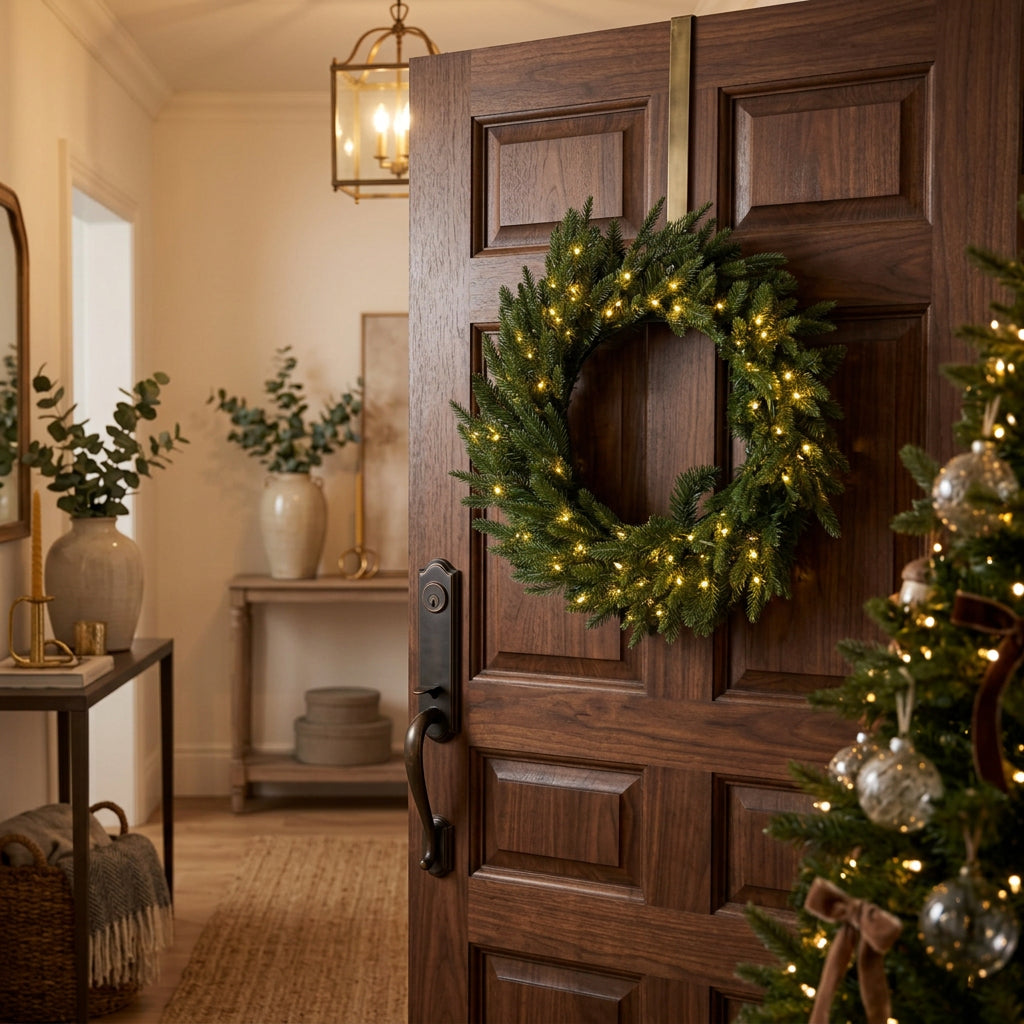 Shades 4 Seasons Christmas Wreath adorned with warm lights, ideal for festive door decorations