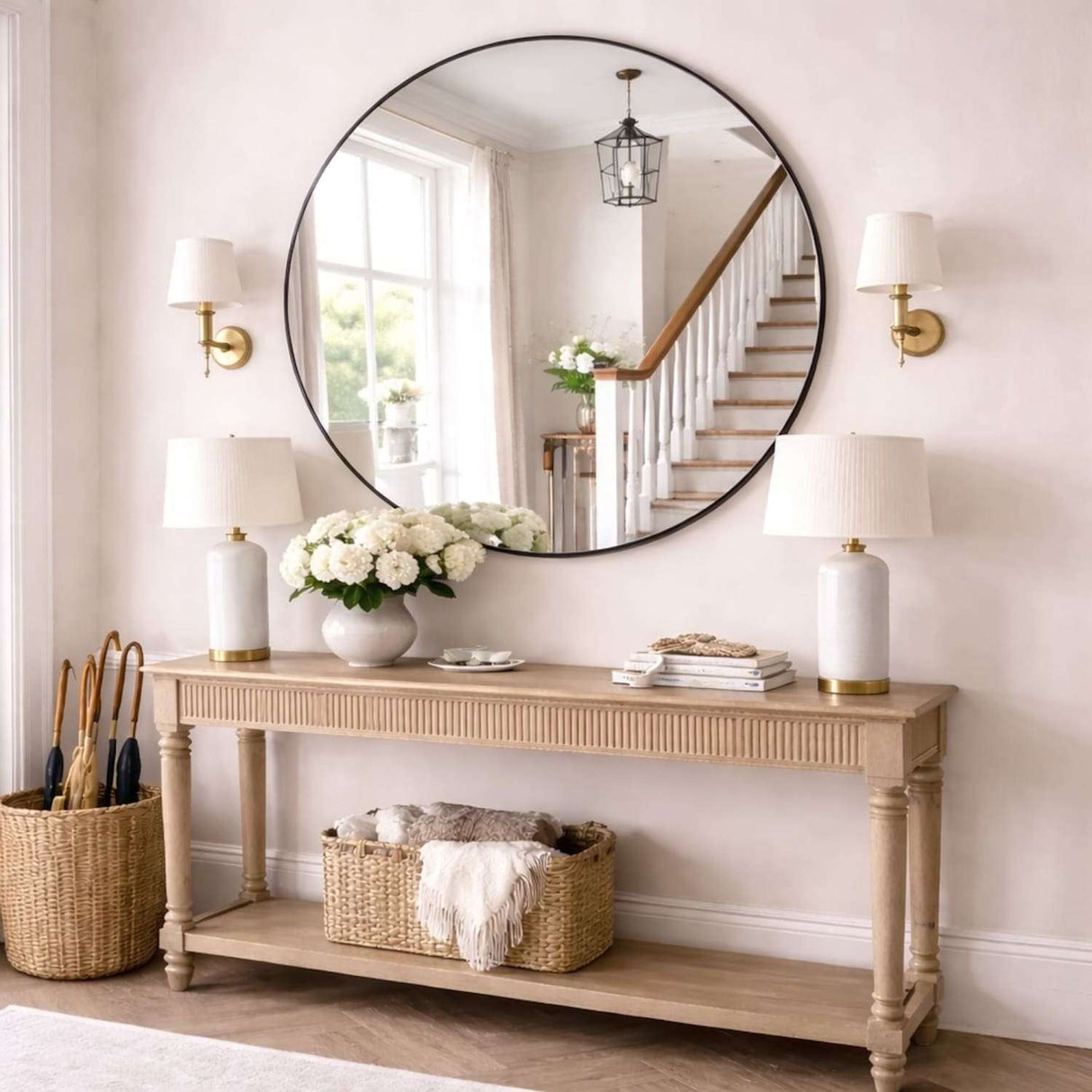 Jobu Home Circle Mirror elegantly displayed above a console table in a stylish entryway