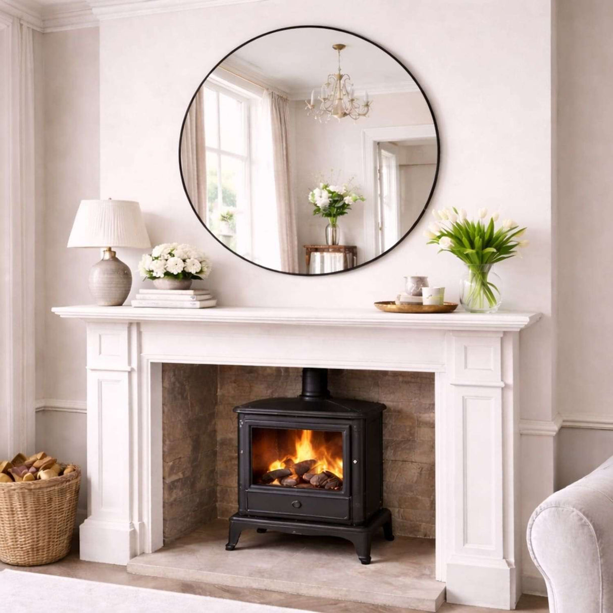 Jobu Home Circle Mirror above a fireplace in a stylish living room setting