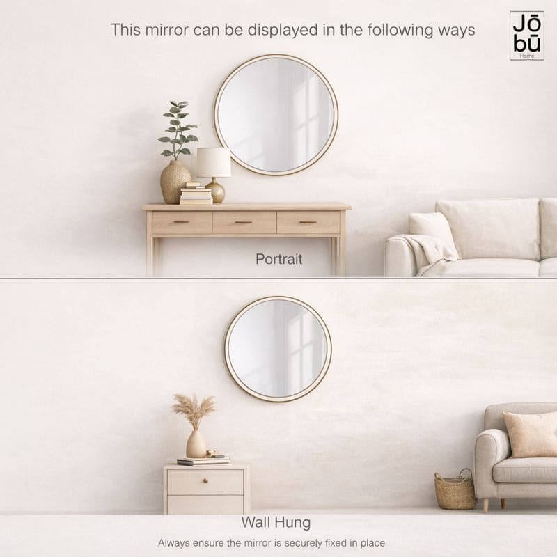 Jobu Home Circle Mirror suitable for portrait and wall hung display in a modern living room setting