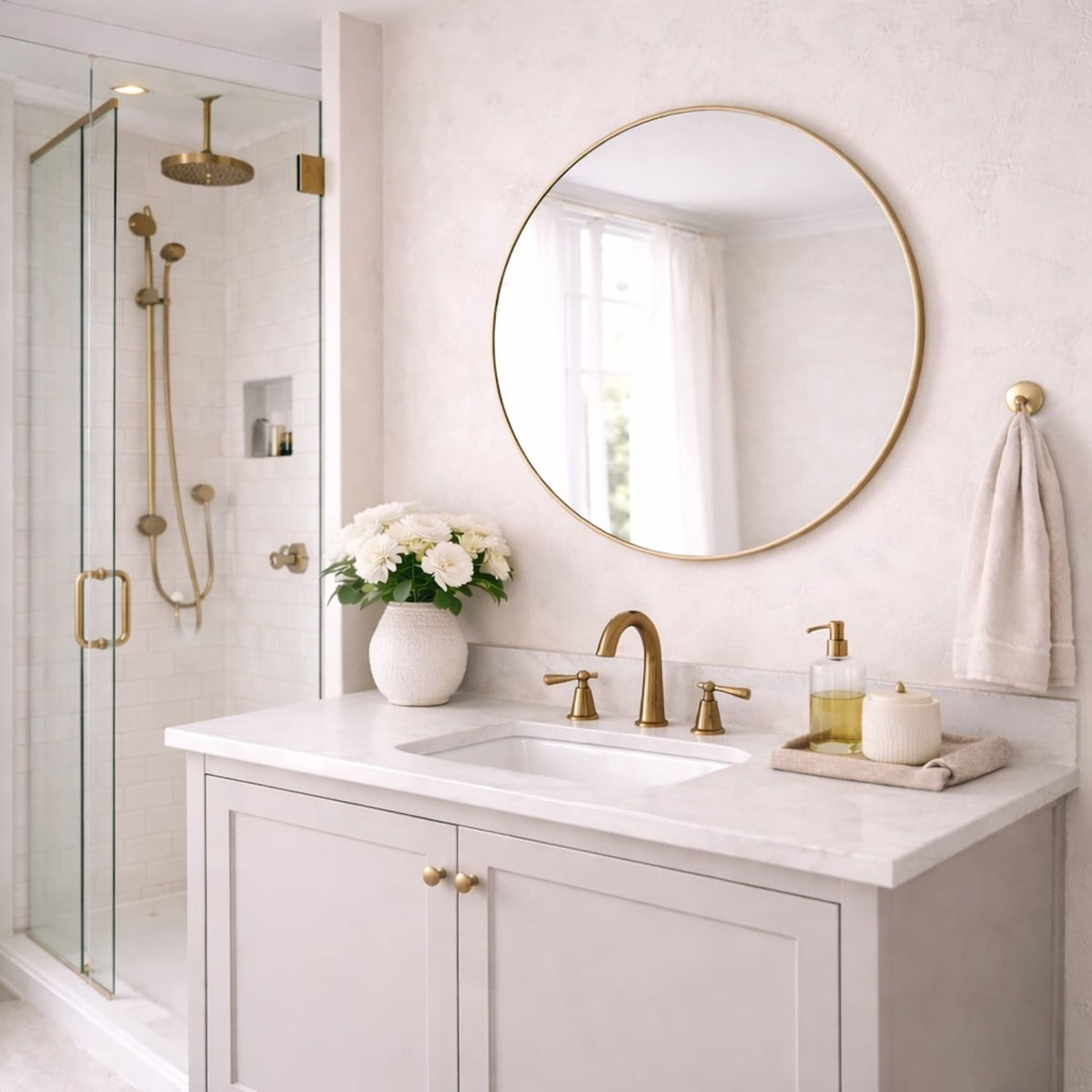 Elegant Circle Mirror by Jobu Home in a modern bathroom with a stylish shower and fresh flowers