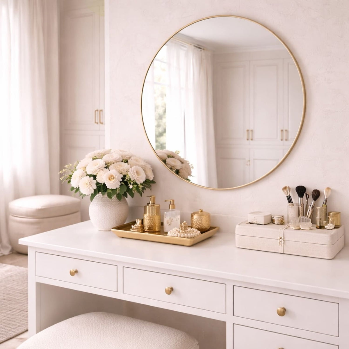 Elegant Circle Mirror by Jobu Home in a stylish vanity setting with flowers and cosmetics