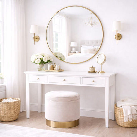 Elegant Circle Mirror with Gold Frame above a White Console Table in a Bright Bedroom