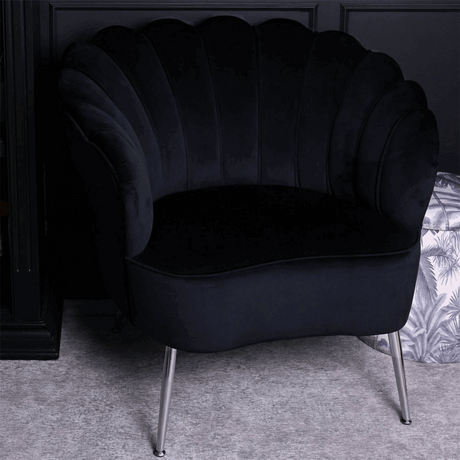 Widdop Cocktail Chair in elegant black velvet with stylish curved design and metallic legs