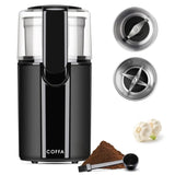 COFFA Coffee and Spice Grinder in black with interchangeable stainless steel bowls and included measuring scoop