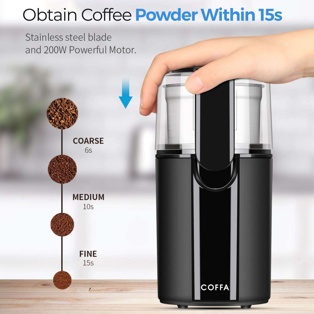 Coffa Coffee and Spice Grinder with stainless steel blade and 200W motor for quick grinding