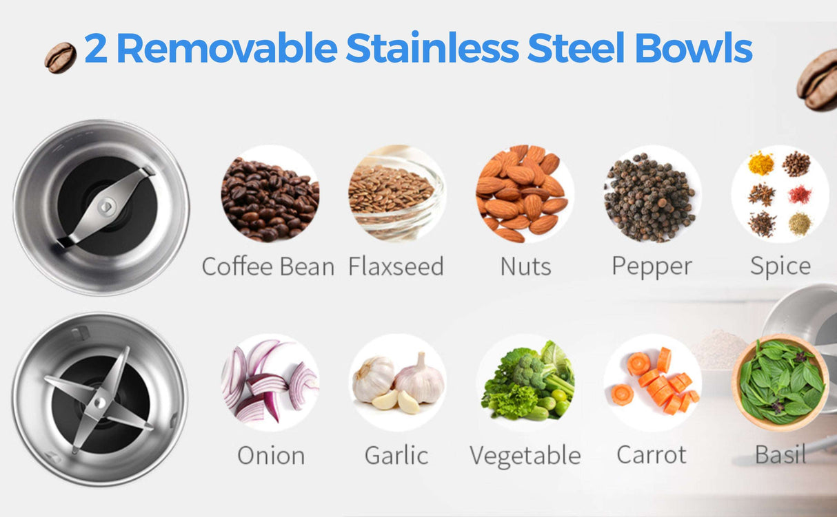 Coffee and Spice Grinder with 2 removable stainless steel bowls for versatile grinding