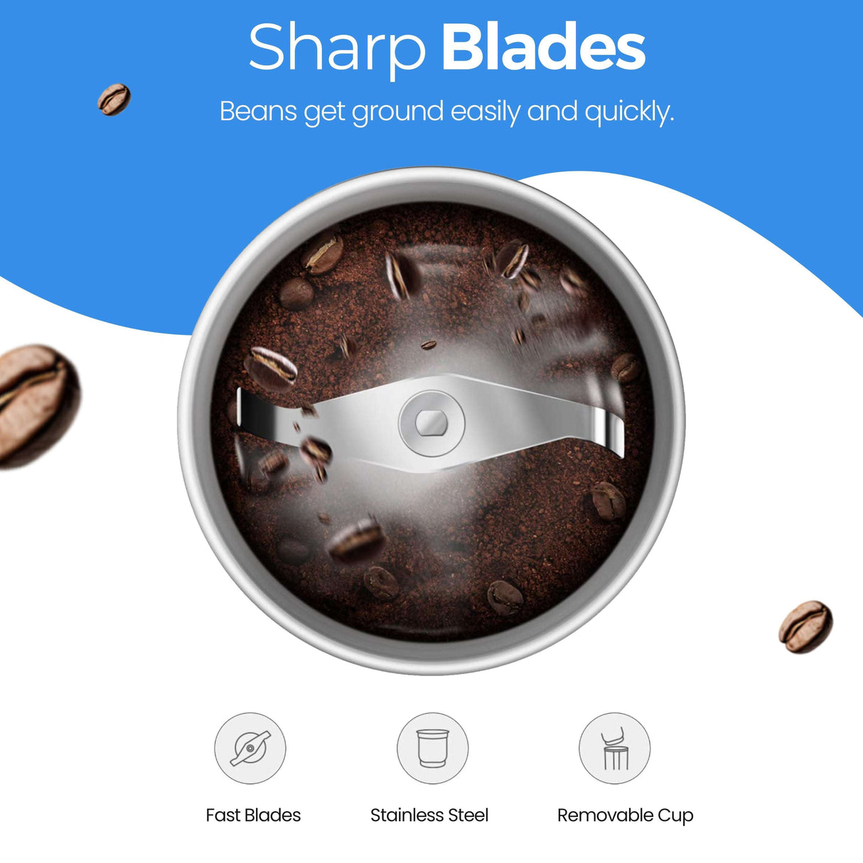 Coffee and Spice Grinder with sharp stainless steel blades for quick and easy grinding of beans