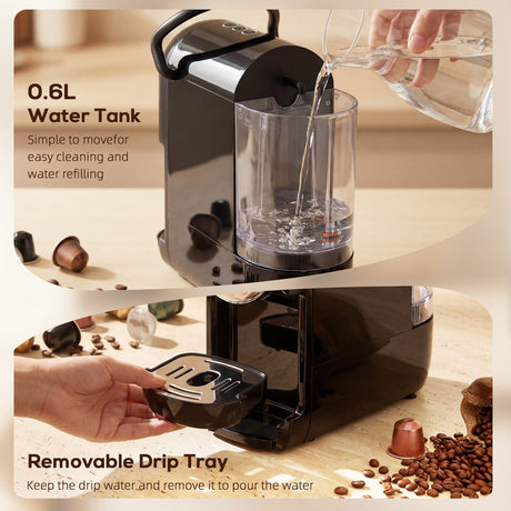 Wise Galleria Coffee Machine with 0.6L water tank and removable drip tray for easy cleaning