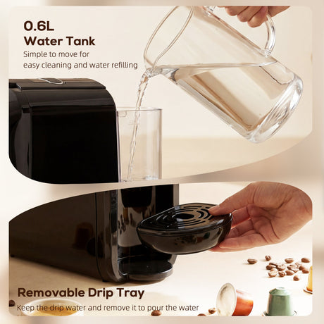 Wise Galleria Coffee Machine with 0.6L Water Tank and Removable Drip Tray for easy cleaning