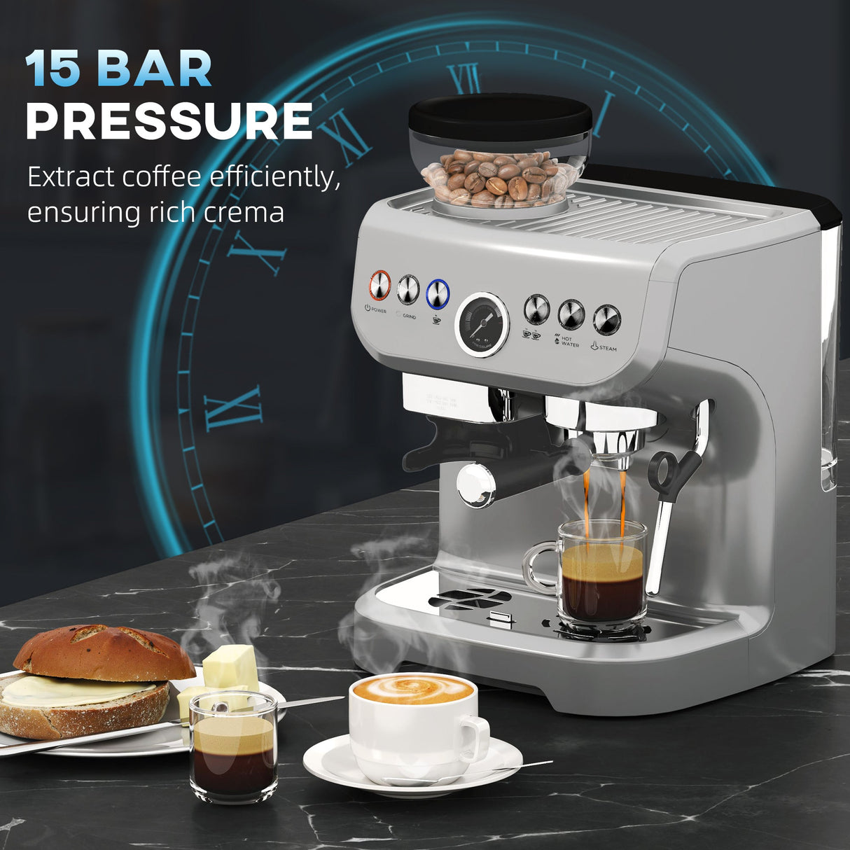 Wise Galleria Coffee Machine with 15 bar pressure for rich crema and efficient coffee extraction
