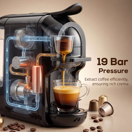 Wise Galleria Coffee Machine features 19 Bar pressure for rich crema and efficient coffee extraction