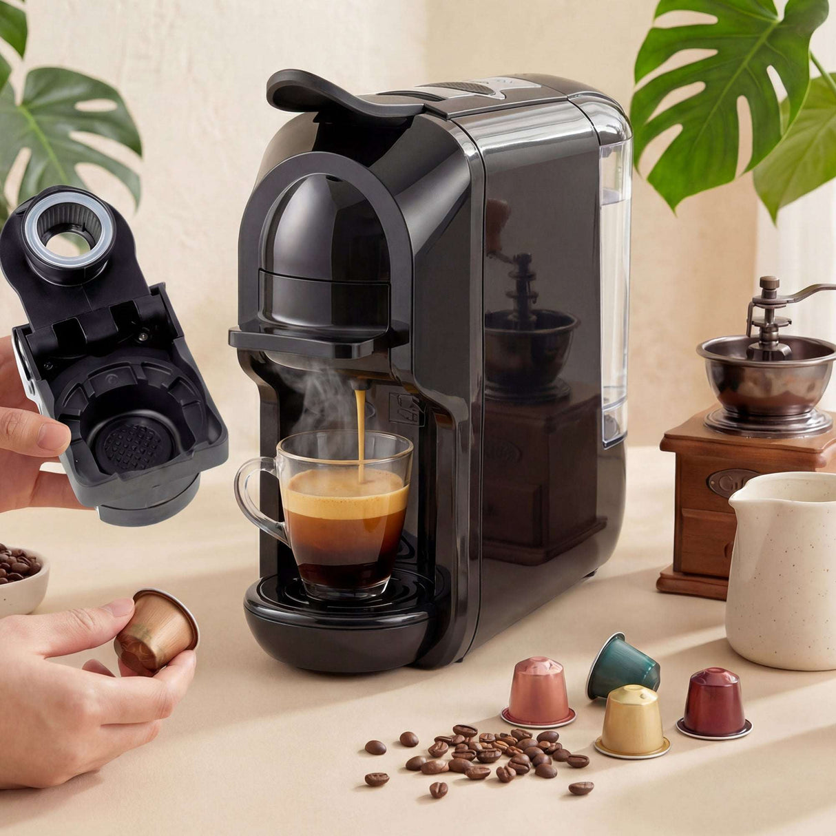 Wise Galleria Coffee Machine brewing espresso with a hand holding a coffee pod and coffee cups nearby