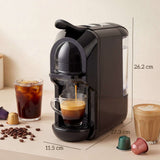Wise Galleria Coffee Machine in black producing espresso with measuring dimensions on a kitchen countertop