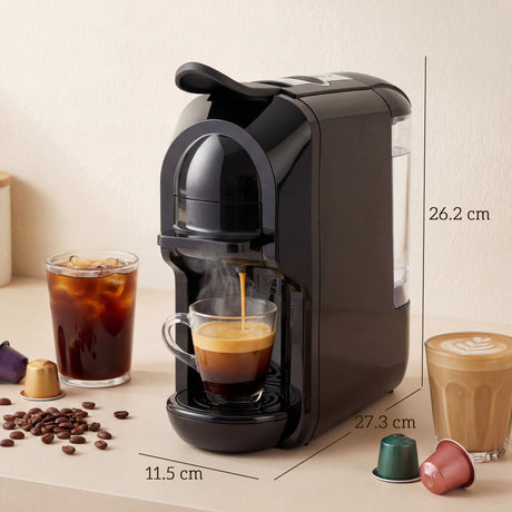 Wise Galleria Coffee Machine in black producing espresso with measuring dimensions on a kitchen countertop