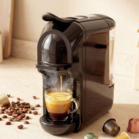 Wise Galleria Coffee Machine brewing fresh espresso into a glass cup with coffee beans beside it