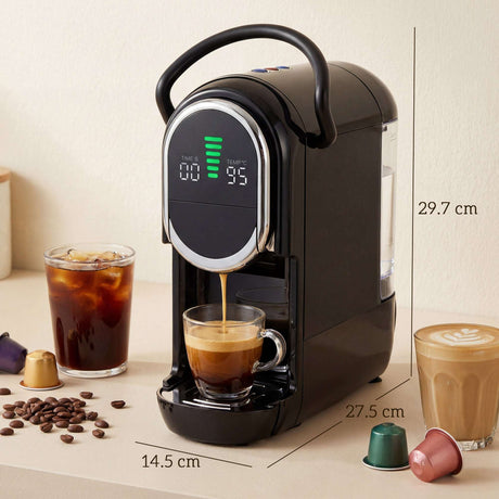 Wise Galleria Coffee Machine brewing espresso with digital display and coffee cups around