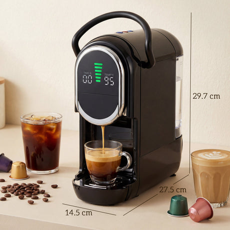 Wise Galleria Coffee Machine brewing espresso with digital display and coffee cups around