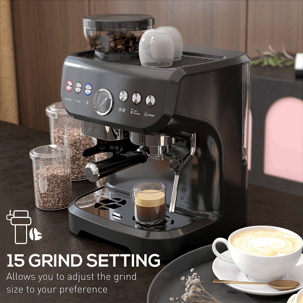 Espresso Coffee Machine With Integrated Bean Grinder And Steam Wand HOMCOM