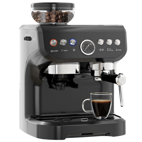 Wise Galleria Coffee Machine in sleek black with built-in grinders and espresso brewing features