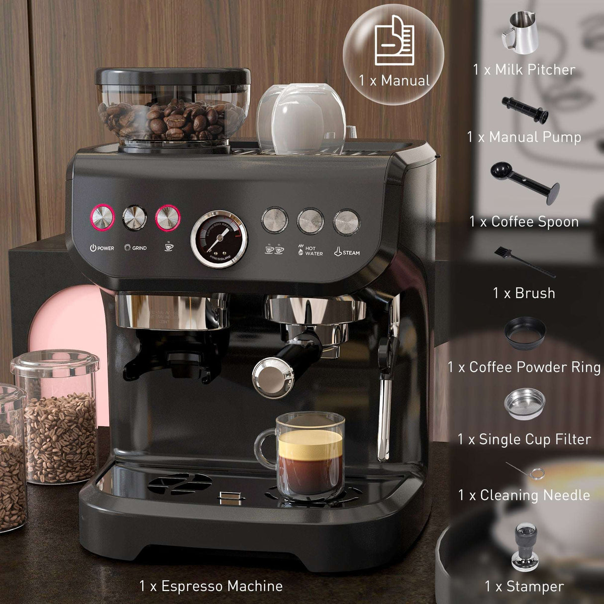 Wise Galleria Coffee Machine with accessories including milk pitcher, espresso cup, and manual pump