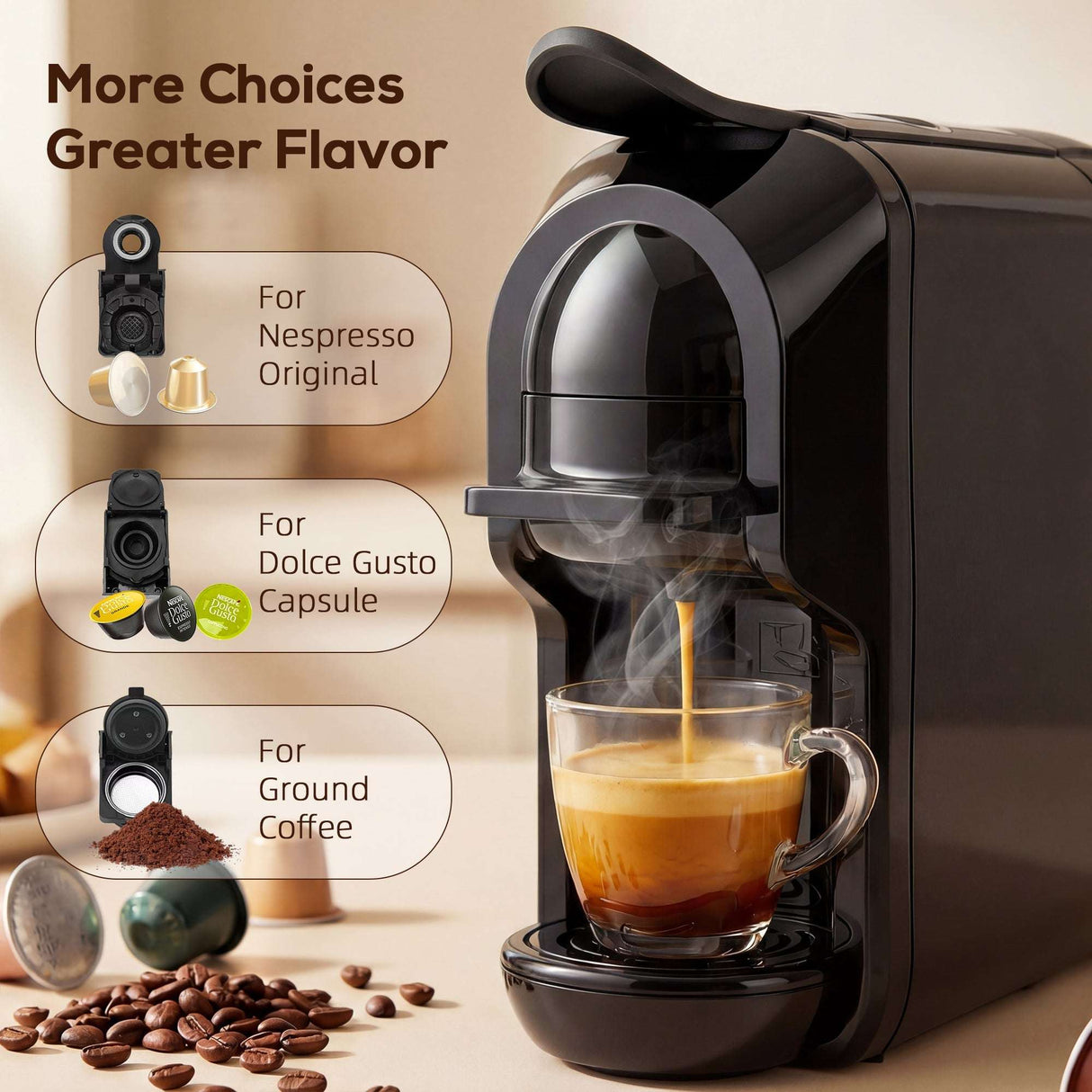 Wise Galleria Coffee Machine with options for Nespresso, Dolce Gusto, and ground coffee use