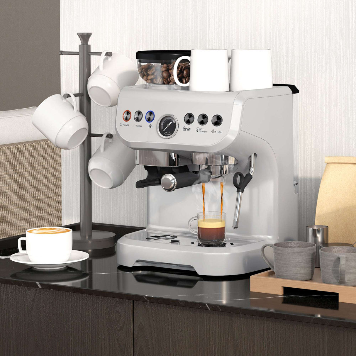 Wise Galleria Coffee Machine in silver brewing espresso with cups on a kitchen countertop