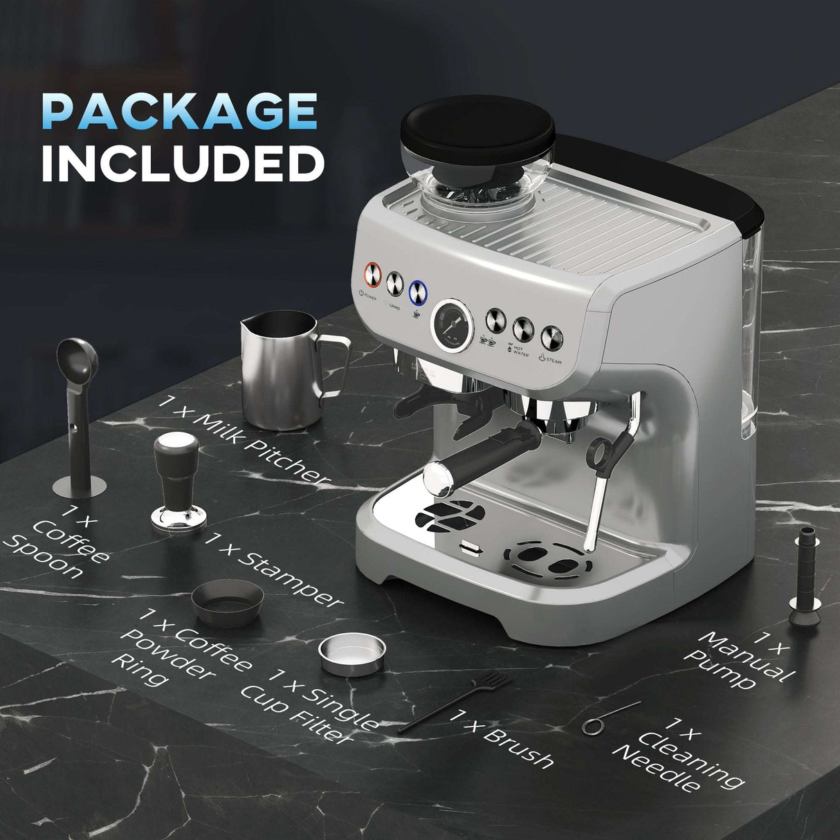 Wise Galleria Coffee Machine with milk pitcher, coffee spoon, and cleaning tools for home brewing