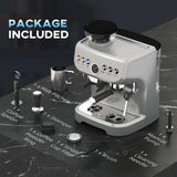 Wise Galleria Coffee Machine with milk pitcher, coffee spoon, and cleaning tools for home brewing