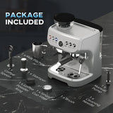 Wise Galleria Coffee Machine with milk pitcher, coffee spoon, and cleaning tools for home brewing