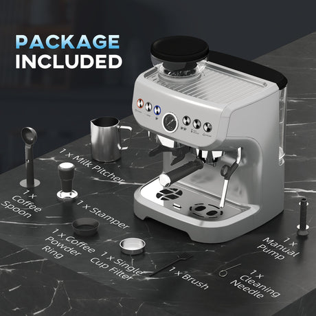 Wise Galleria Coffee Machine with milk pitcher, coffee spoon, and cleaning tools for home brewing