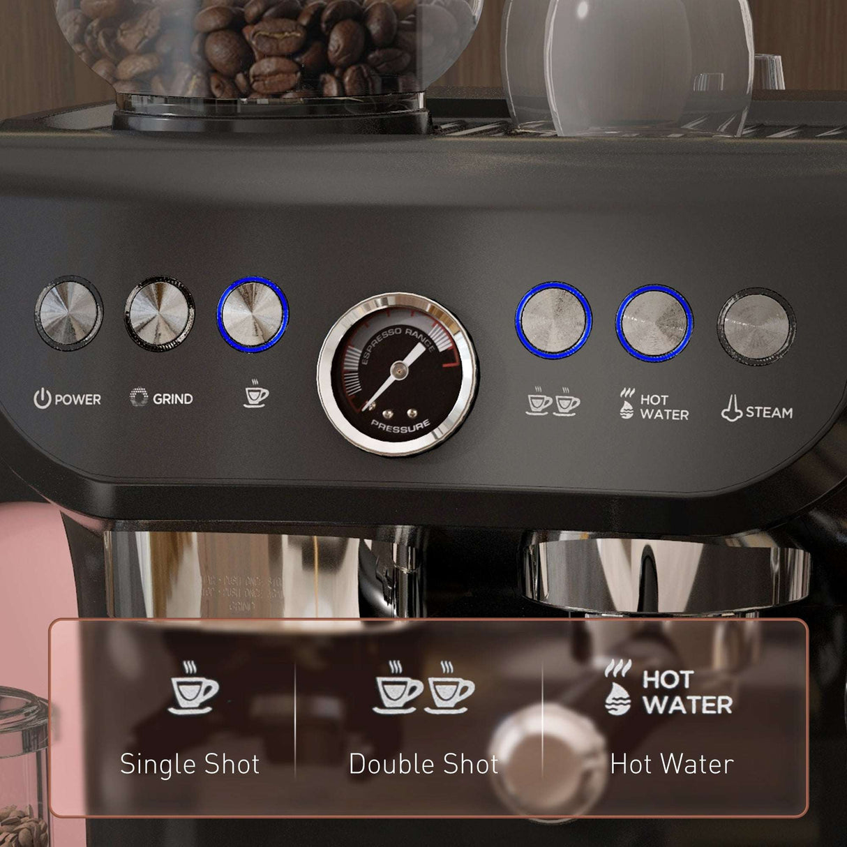 Wise Galleria Coffee Machine with control panel for single shot, double shot, and hot water functions